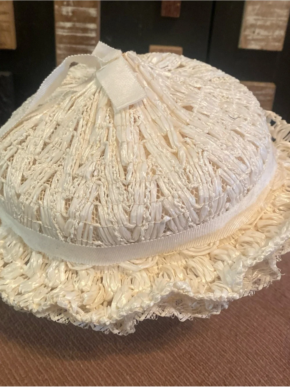 Vintage 1950’s Cream Straw Sun Hat with Bow - Women's Summer Hat